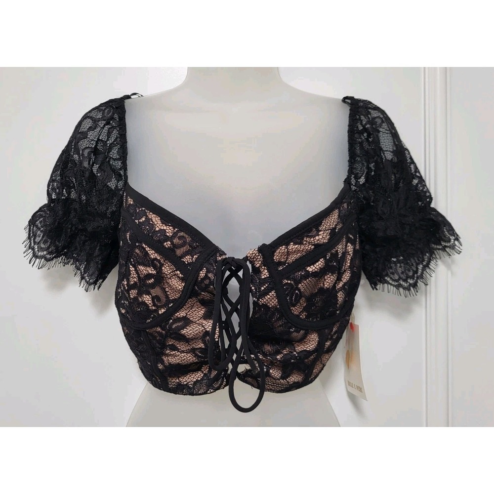 New Black Tan Stretch Lace Grunge Whimsigoth Puff Sleeve Corset Crop Top Sz S - Picture 2 of 7
